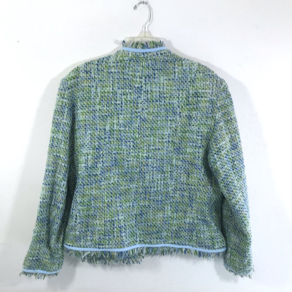 Dressbarn Sz 16 Tweed Open Front Blazer Fringe Pockets Green Blue - Picture 6 of 9